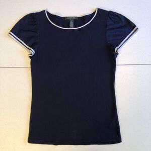 Lauren Ralph Lauren Navy Short Sleeve Top with White Accents Size M